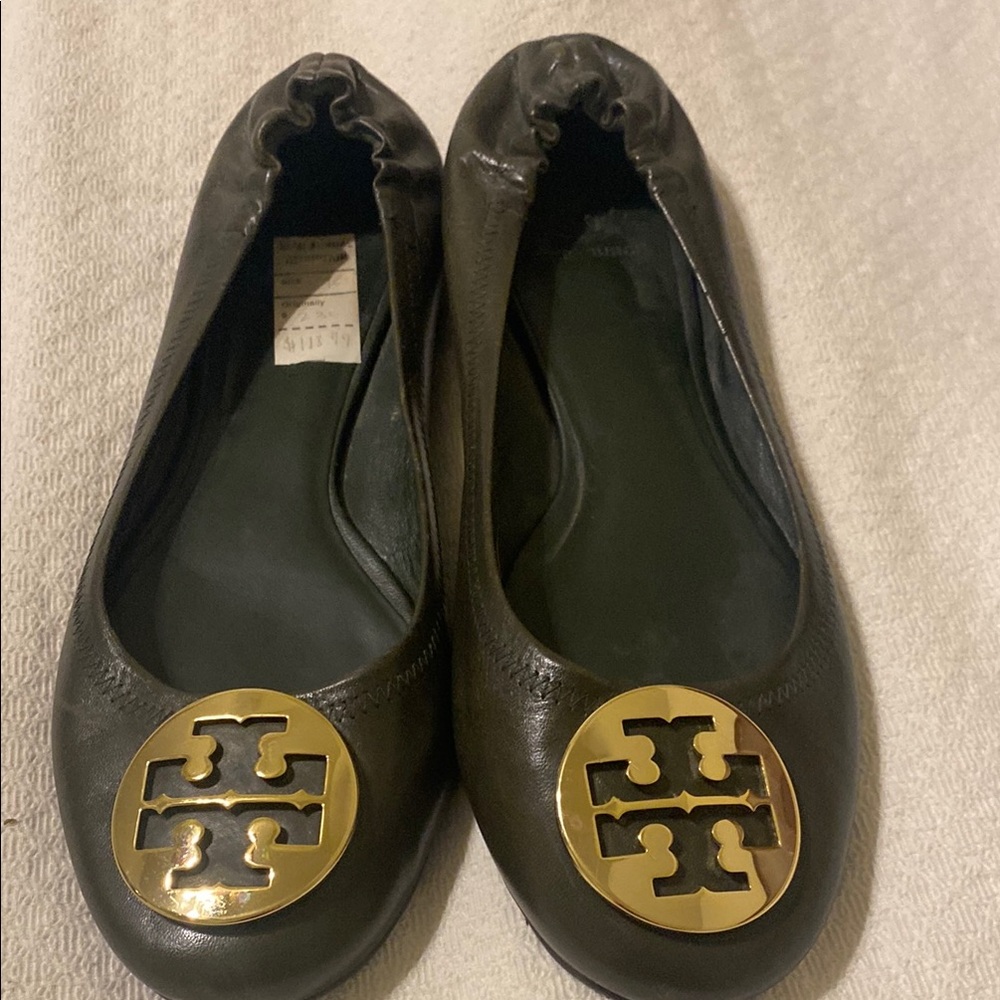 Tory Burch Black Flats with Gold Logo
